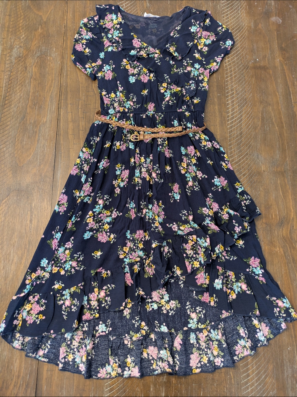 Navy Floral Ruffle Midi Dress with Braided Belt